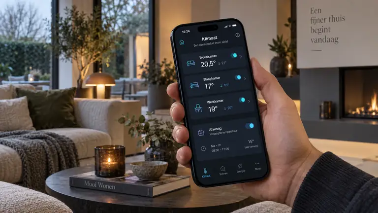 Dark-mode klimaatbediening met temperaturen per kamer en afwezigheidsschema
