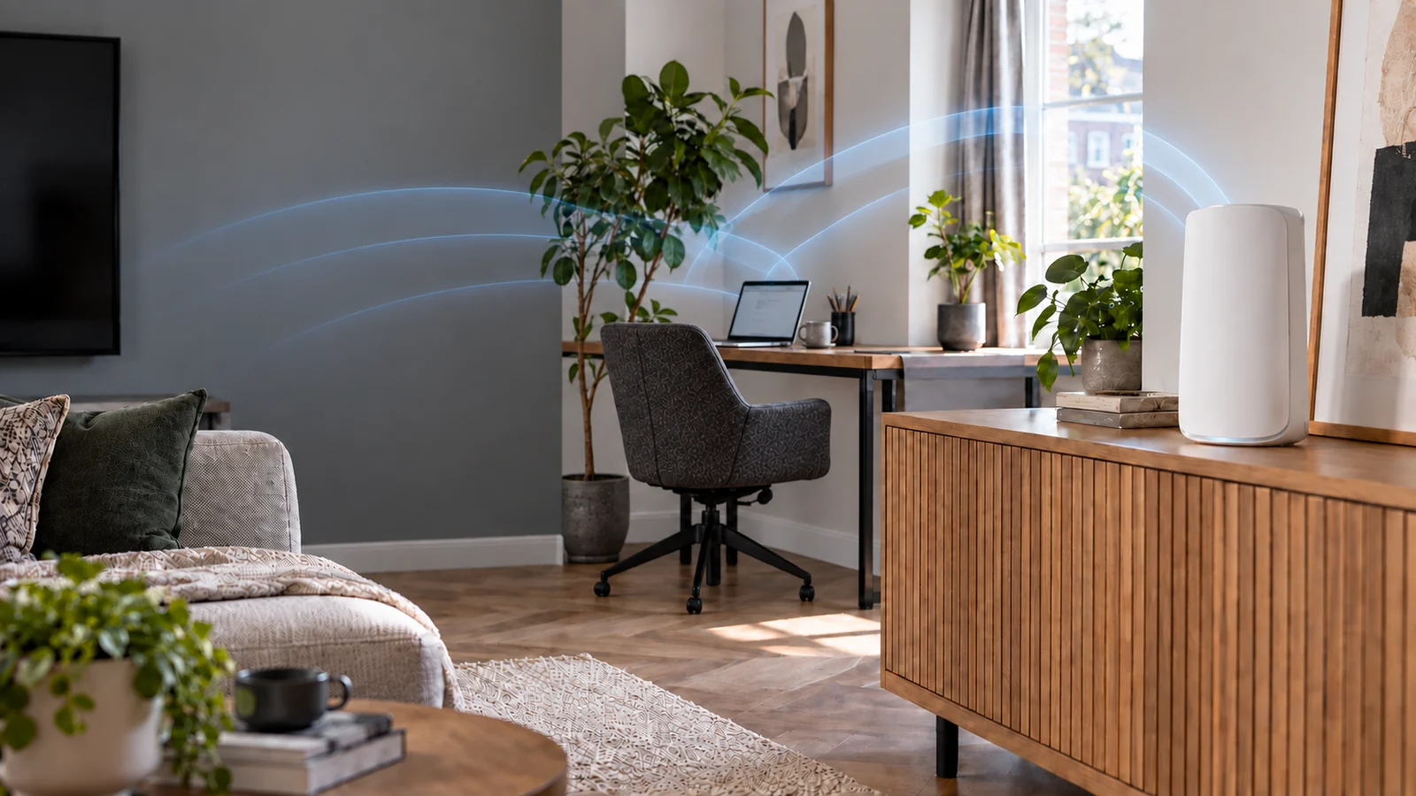 Wifi-dekking zichtbaar in een rustige woonkamer zonder speedtest