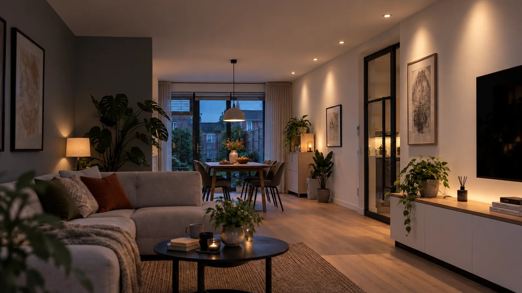 Realistische slimme verlichting in een Nederlandse woonkamer